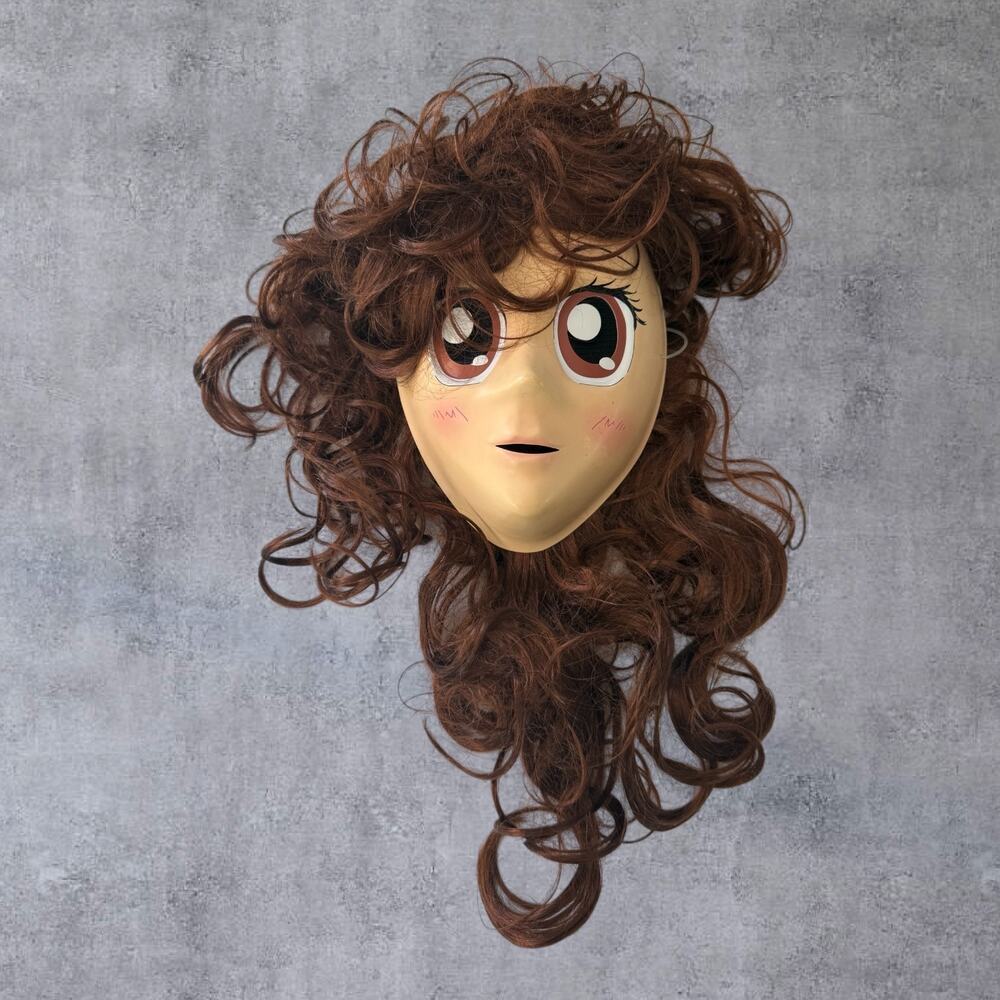 Vtg Anime Girl Mask Wig California Costume Cosplay Manga Eyes Brown Curly Hairâ